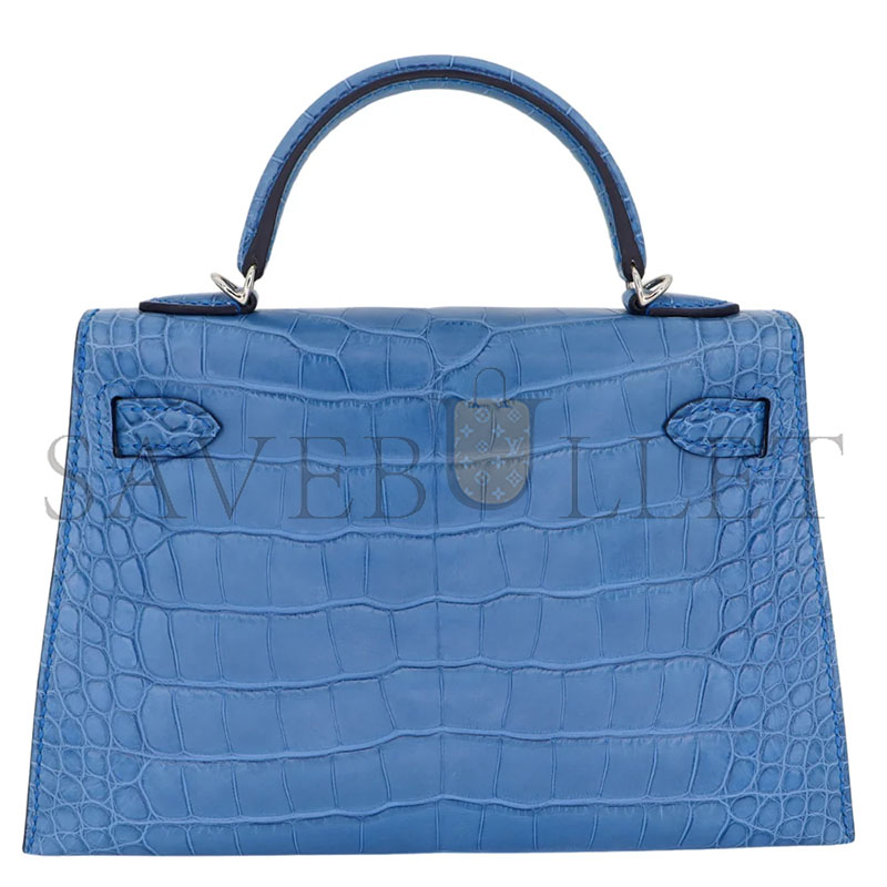 HERMÈS MASTER MINI KELLY II SELLIER BLEU ZELLIGE ALLIGATOR PALLADIUM (19.5*12*6cm)